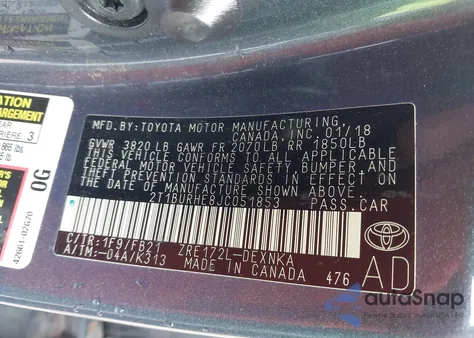 2018 Toyota Corolla Le z USA, uszkodzony, nr VIN 2T1BURHE8JC051853